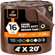 XPOSE SAFETY 4' x 20' Super Heavy Duty 16 Mil Brown Poly Tarp -Waterproof, Grommets and Reinforced Edges BHD-420-A
